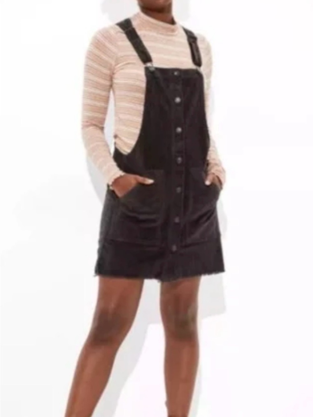American Eagle Button-Front Black Corduroy Pinafore Mini Dress (Worn Once)